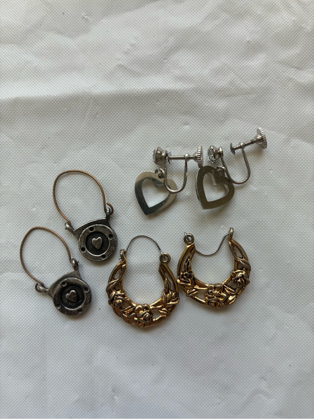 Vintage-Inspired Heart & Floral Earring Set - Gold & Silver Tones